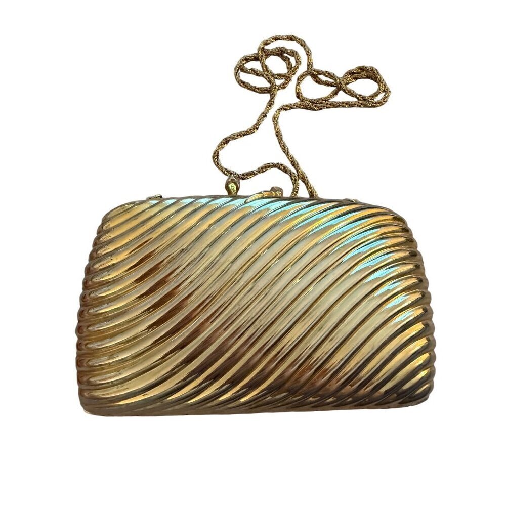 Vintage Womens Gold Metal Rectangular Clutch Serpent Closure Ribbed Hard-case